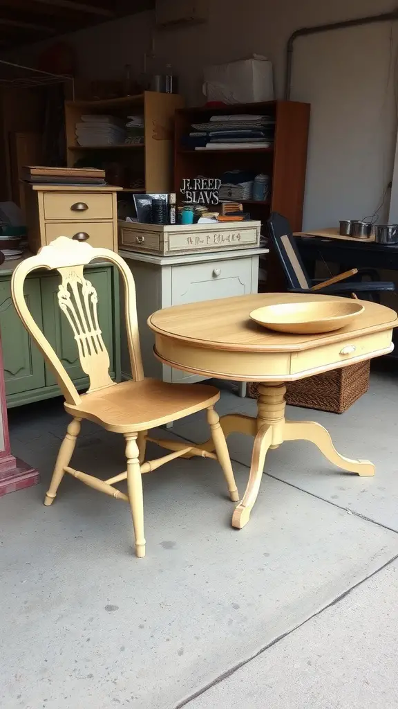 21 Creative Garage Sale Ideas to Boost Your Sales 2 A vintage table and chair set displayed in a garage setting.