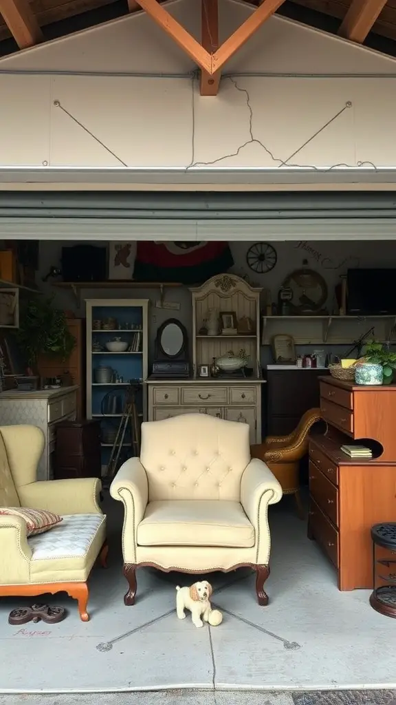 29 Creative Garage Interior Ideas You’ll Love 11 A garage interior showcasing vintage furniture, including a cream armchair and a patterned chair, with various repurposed items in the background.