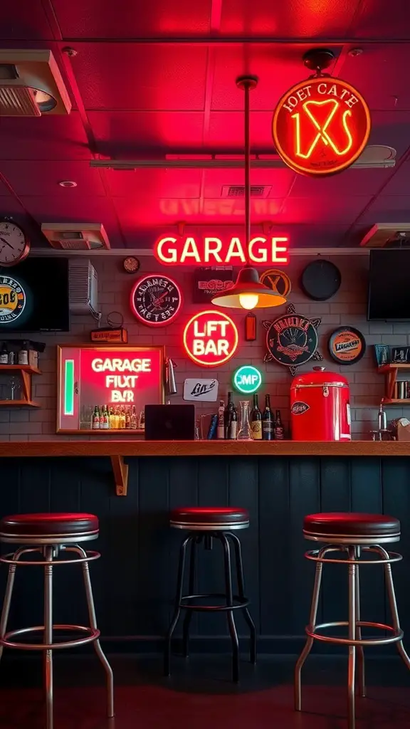 23 Stylish Garage Lounge Ideas You’ll Love 6 A vintage garage bar setup featuring neon signs, a wooden bar counter, and colorful decor.