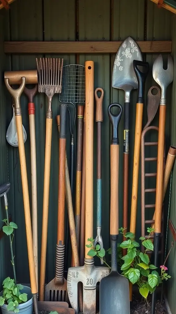 Vintage garden tools displayed on a wall.