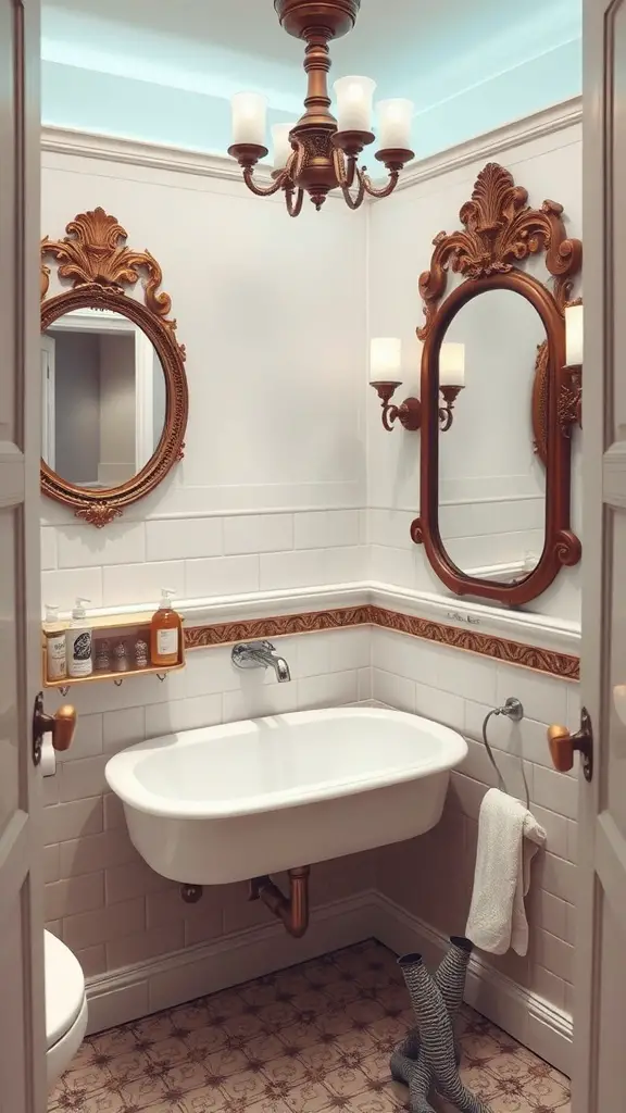 Vintage bathroom with elegant chandelier and ornate mirrors