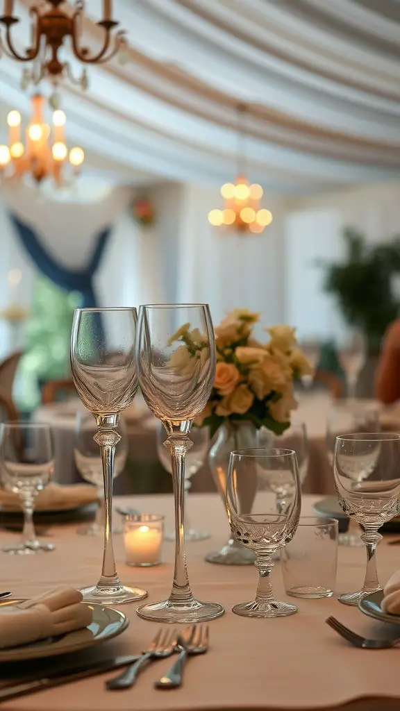 23 Stunning Banquet Decoration Ideas for Your Next Event 15 A beautifully set banquet table with vintage glassware, including tall wine glasses and shorter tumblers, illuminated by soft chandelier light.