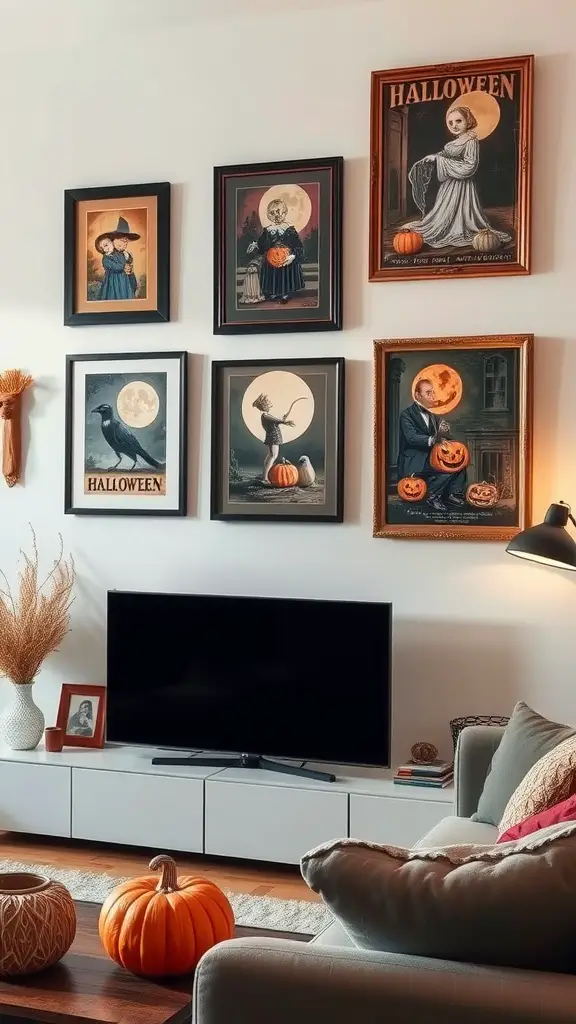 A stylish living room featuring vintage Halloween artwork on the wall, including images of witches and pumpkins, alongside a cozy seating area and seasonal decor.