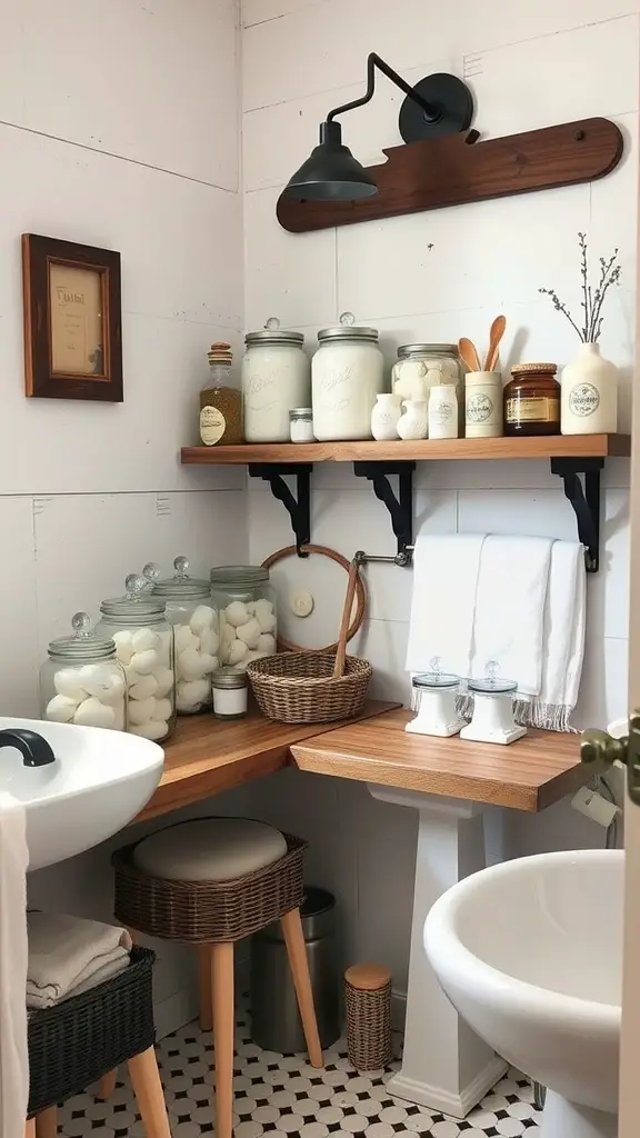 25 Charming Country Bathroom Ideas for a Cozy Retreat 14 Bathroom with vintage jars for storage, showcasing a cozy and organized aesthetic.