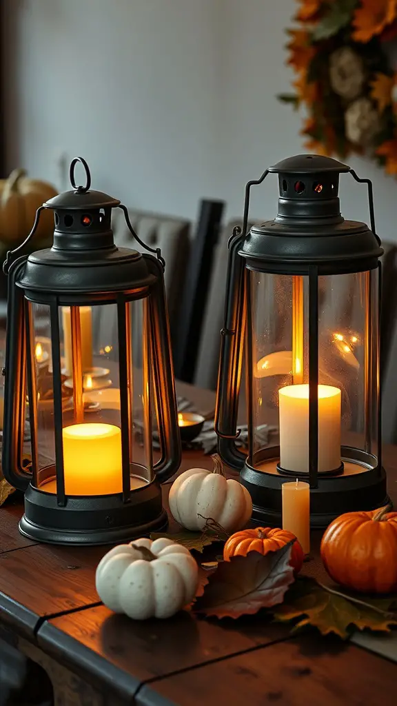 Two vintage lanterns with candles and small pumpkins on a wooden table, creating a cozy fall decoration.