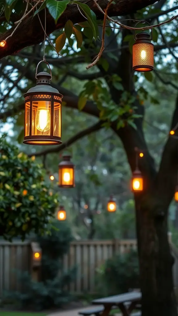 Vintage lanterns hanging on tree branches in a backyard setting