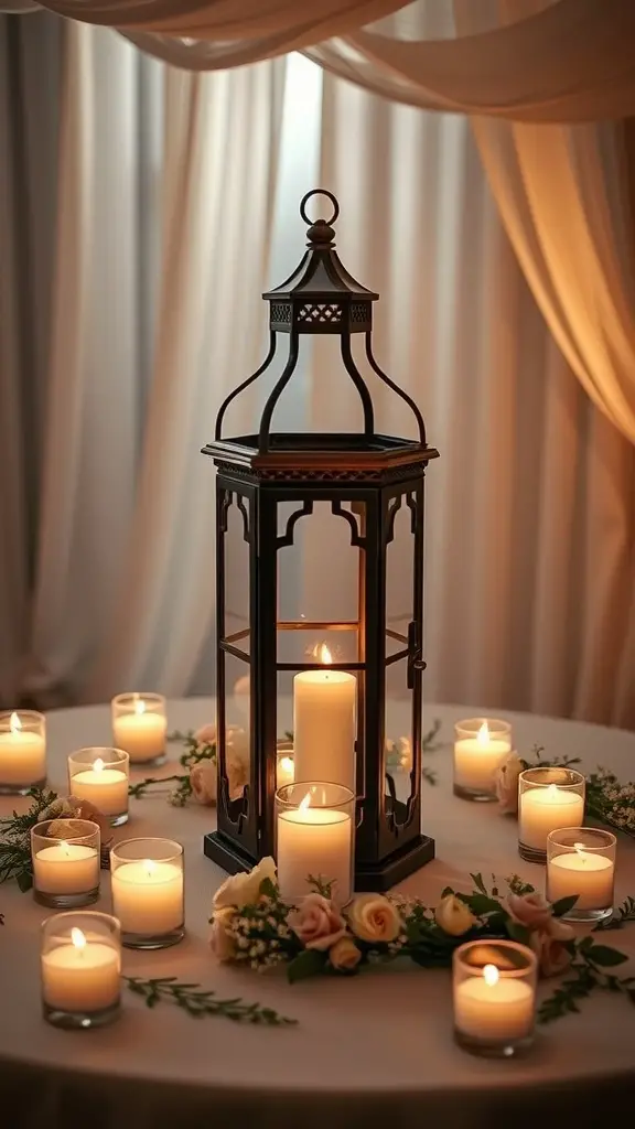 Vintage lantern surrounded by candles and floral arrangements on a wedding table.