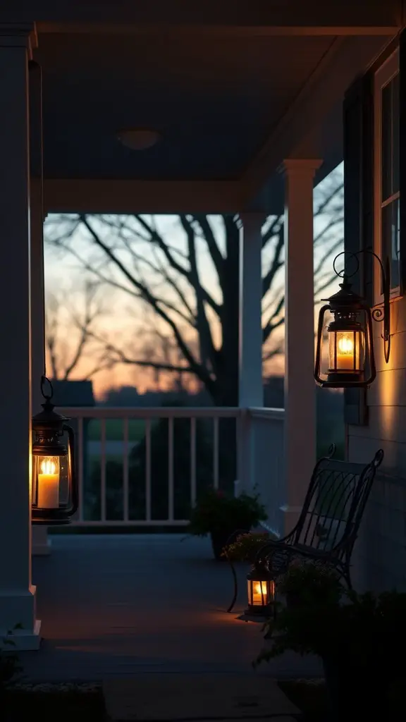 A cozy farmhouse porch with vintage lanterns glowing in the evening light.
