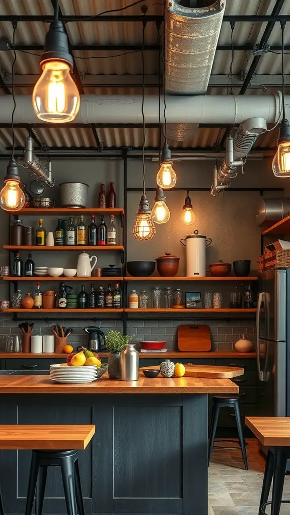 A stylish industrial kitchen featuring vintage lighting fixtures with warm bulbs, open shelves, and a modern design.