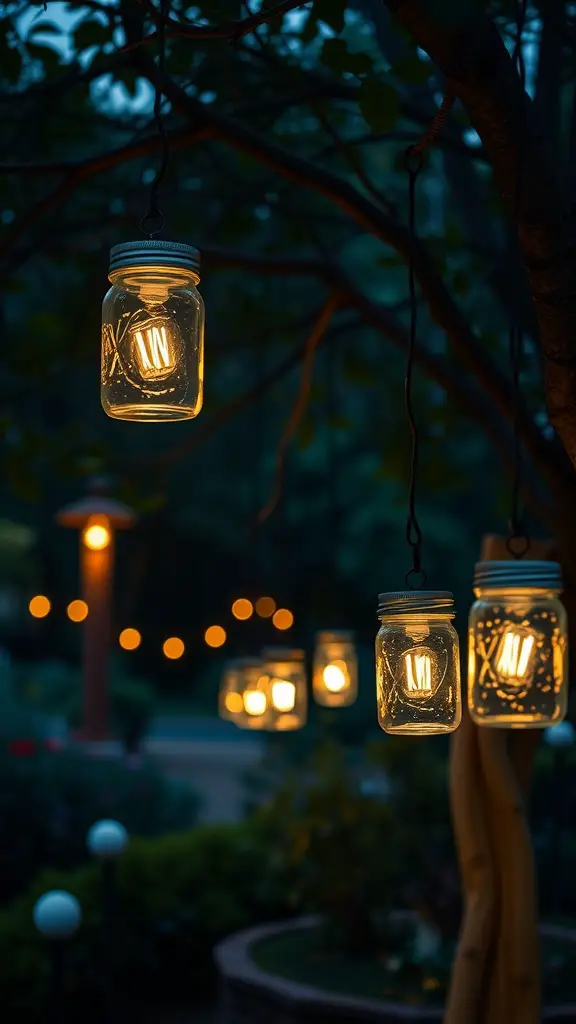 Mason jar lanterns hanging from branches, glowing softly in the evening light.