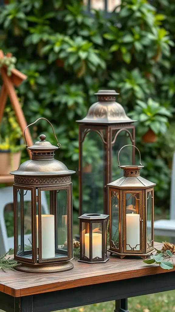 21 Creative Garden Lantern Ideas to Illuminate Your Outdoor Space 5 A variety of vintage metal lanterns placed on a wooden table, surrounded by greenery.