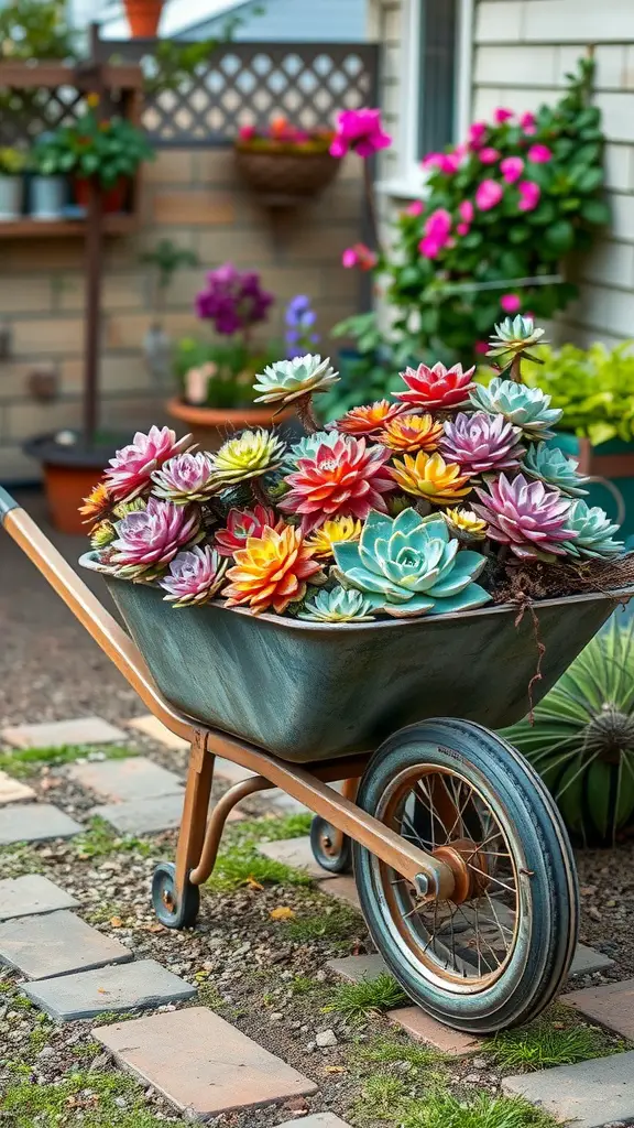 19 Creative Wheelbarrow Planter Ideas for Your Garden 6 Vintage metal wheelbarrow filled with colorful succulents, placed on a stone pathway.