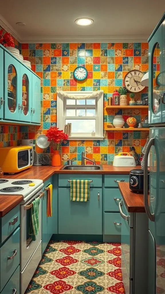 21 Stunning Backsplash Ideas for Your Dream Kitchen 9 A cozy kitchen featuring vintage mosaic tiles in bright colors, blue cabinets, and warm wood countertops.