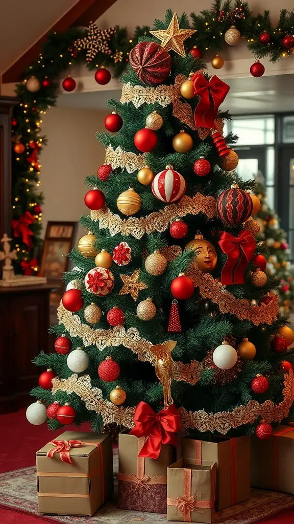17 Creative Dollar Tree Christmas Tree Ideas on a Budget 6 A beautifully decorated vintage Christmas tree with red and gold ornaments, lace ribbon, and gifts underneath.