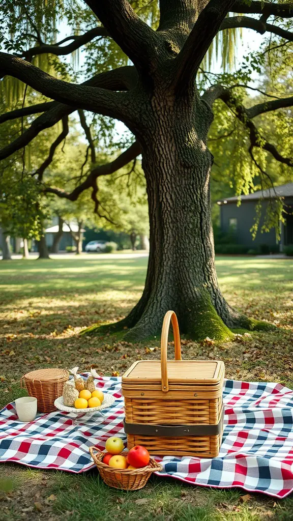 A picnic setup with a woven basket and fruits under a large tree.