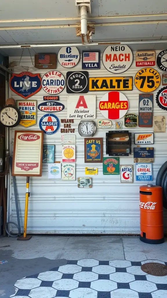 A collection of vintage signs displayed on a garage wall.