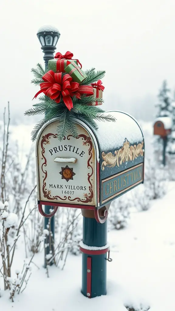 A vintage mailbox decorated with a red bow, green gifts, and pine branches, covered in snow.