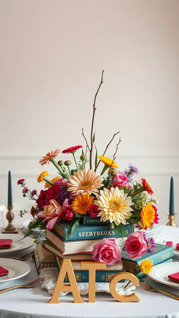 A vibrant floral centerpiece made of stacked vintage books adorned with colorful flowers and decorative letters.