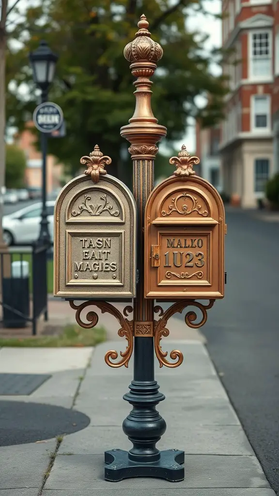 Vintage style double mailbox with ornate details and contrasting gold and bronze finishes.