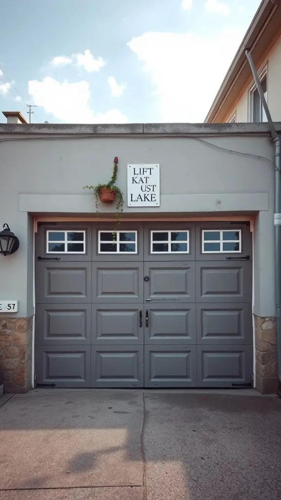 25 Creative Garage Door Ideas for a Stunning Home Entrance 17 A vintage style gray garage door with a decorative sign above and a plant.