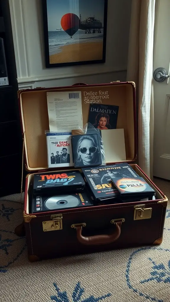 21 Creative DVD Storage Solutions for an Organized Home 14 A vintage suitcase filled with DVDs and related items, showcasing a creative storage solution.