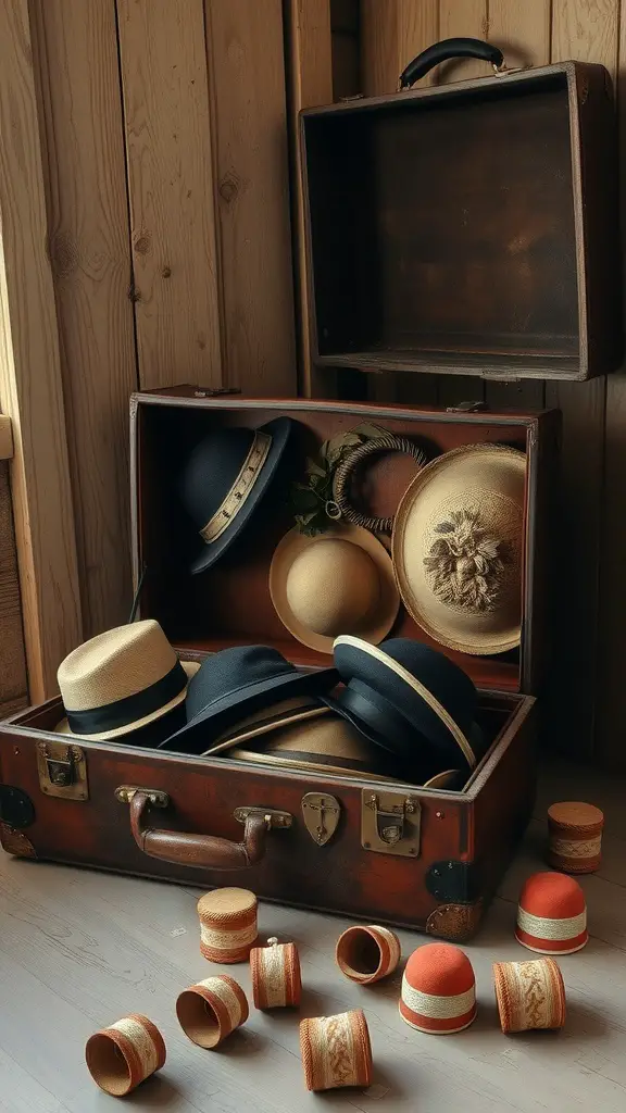 19 Creative Hat Storage Ideas for Every Space 4 A vintage suitcase filled with various hats, including straw and black styles, with some small containers nearby.