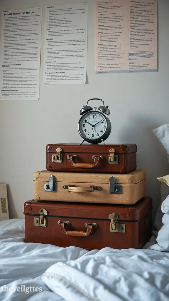 19 Creative Nightstand Ideas to Elevate Your Bedroom Decor 10 A stack of vintage suitcases used as a nightstand, with an alarm clock on top, beside a bed.