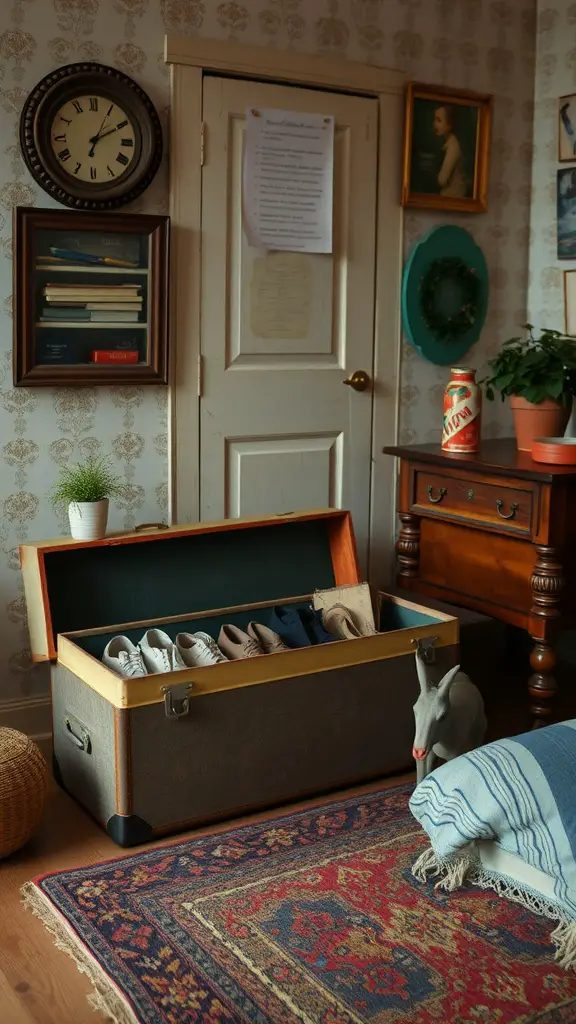 21 Creative Shoe Storage Ideas for Every Space 14 An open vintage suitcase displaying neatly arranged shoes inside, placed in a cozy room.