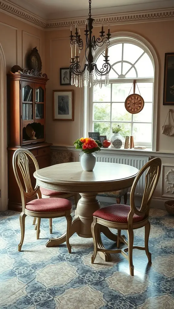 17 Cozy Dining Nook Ideas for Your Home 17 A vintage dining nook featuring a round table and two chairs with red cushions, illuminated by a chandelier, surrounded by warm decor.