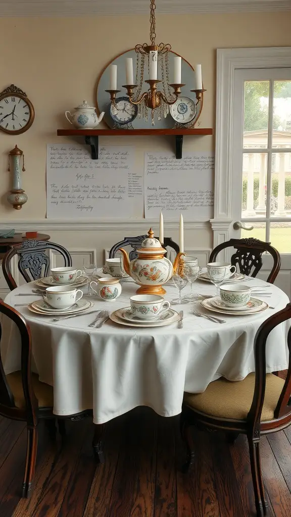 15 Stunning Round Kitchen Table Decor Ideas to Transform Your Space 9 A beautifully set round kitchen table with vintage tableware, including a teapot and floral china, surrounded by wooden chairs.