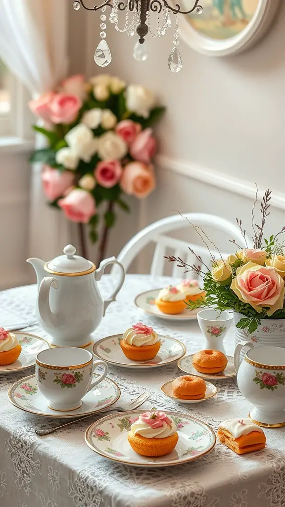 A vintage tea party setup with a lace tablecloth, floral china, a teapot, cupcakes, and roses in a vase.