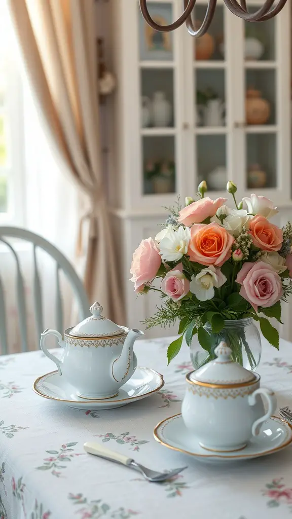 29 Stunning Dining Table Centerpieces for Every Occasion 2 Vintage tea set with two teapots and a bouquet of pastel roses on a floral tablecloth.