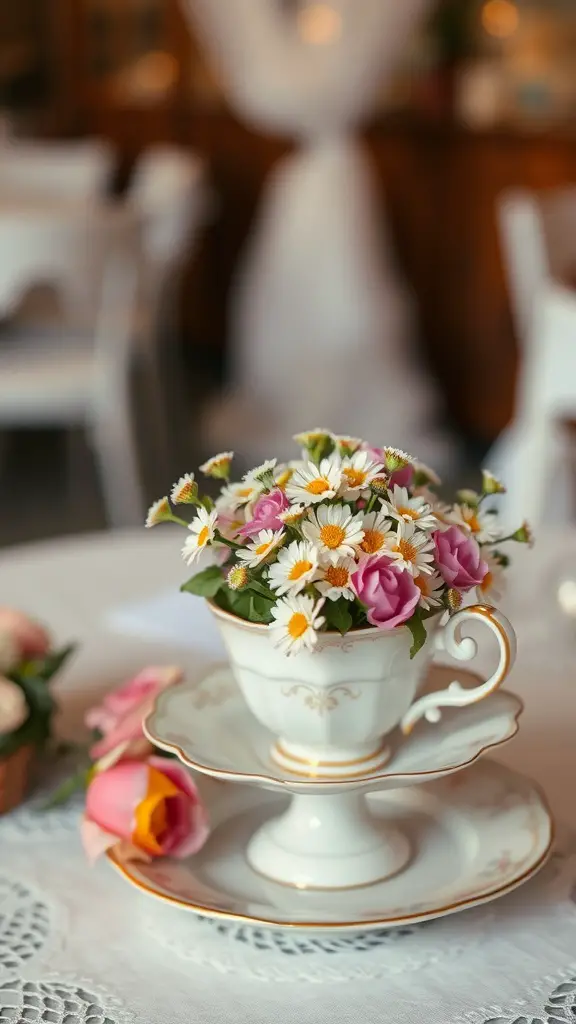 25 Stunning Wedding Table Centerpieces to Inspire Your Big Day 8 Vintage teacup centerpiece with flowers on a wedding table