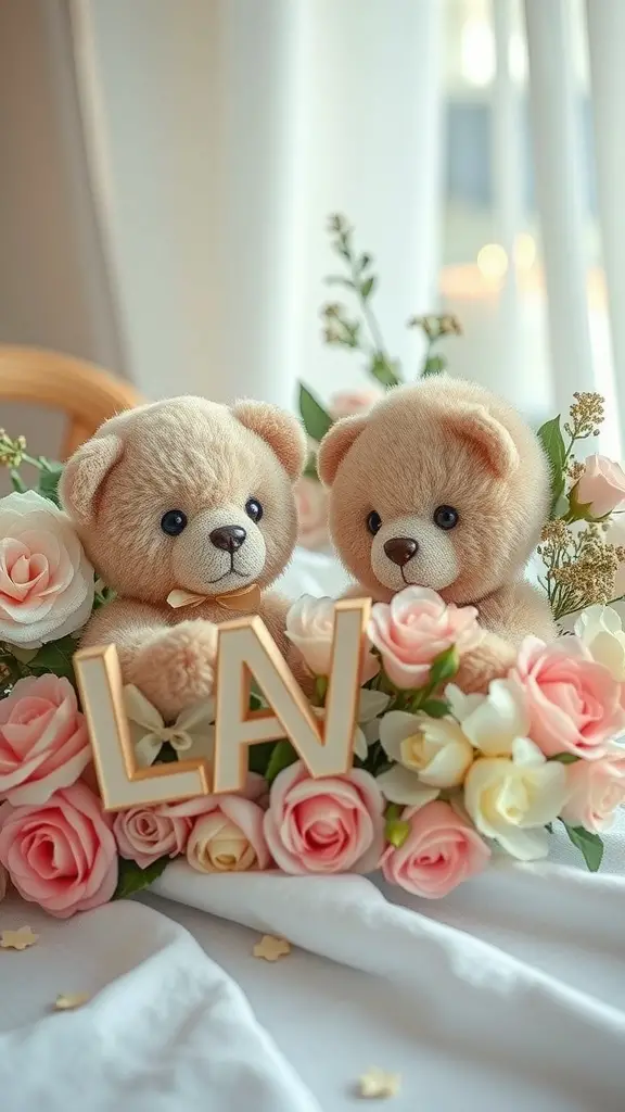 Two vintage teddy bears surrounded by pink and white roses on a table.