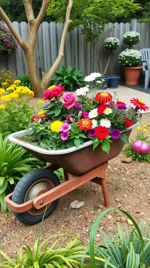 A vintage wheelbarrow filled with colorful flowers in a garden setting.
