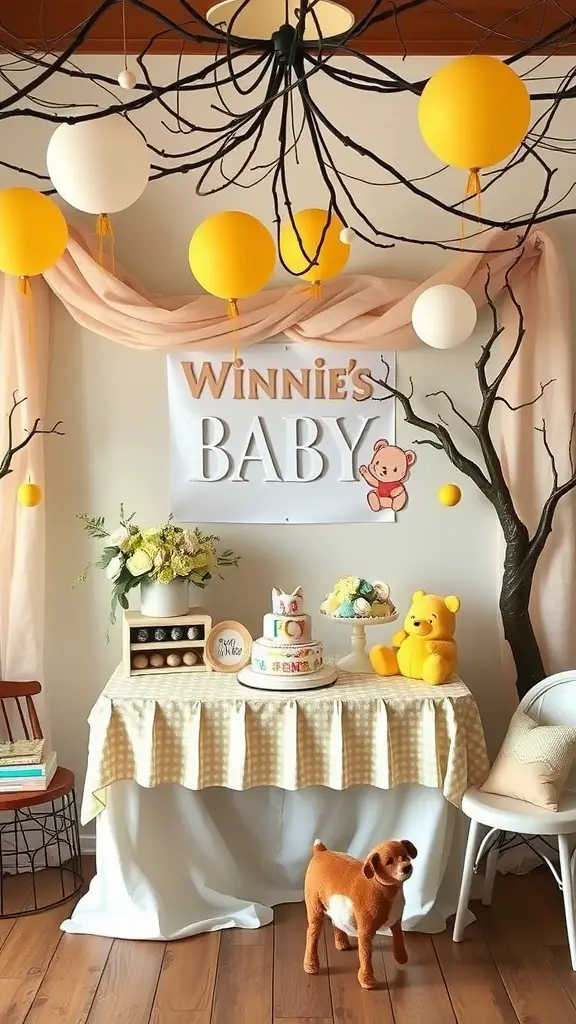 25 Creative Baby Shower Themes for September Celebrations 10 A Vintage Winnie the Pooh baby shower setup featuring a decorated table, cake, and plush toys.