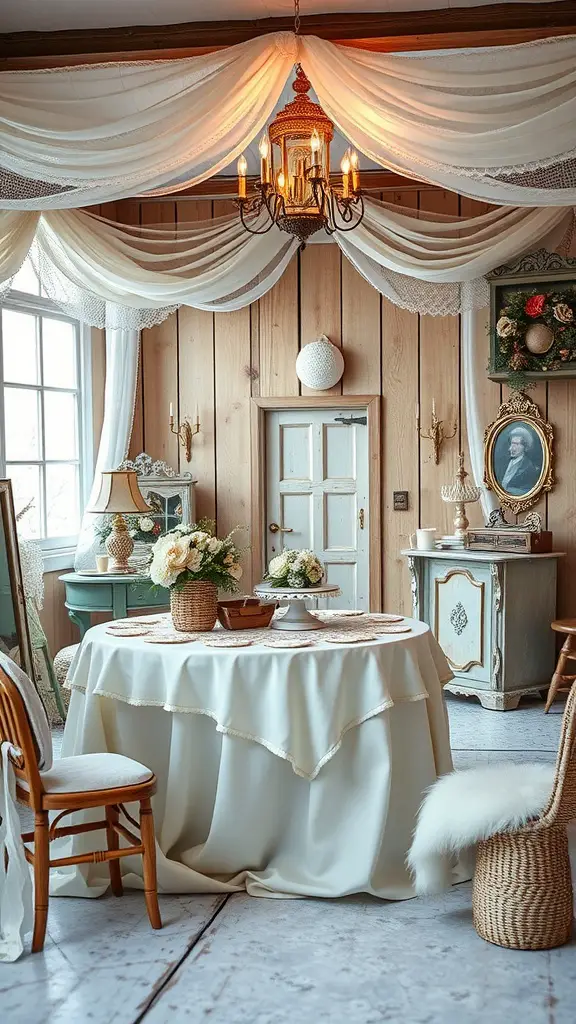 A beautifully set vintage winter baby shower table, elegantly decorated with soft fabrics and floral arrangements.