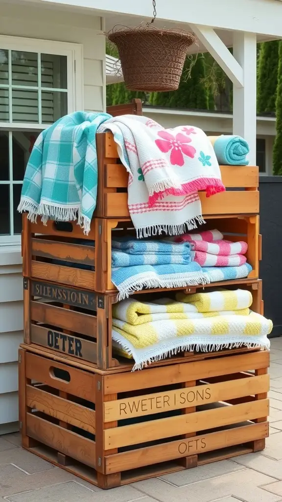 27 Creative Pool Towel Storage Solutions You Need to Try 13 Vintage wood crates stacked with colorful pool towels