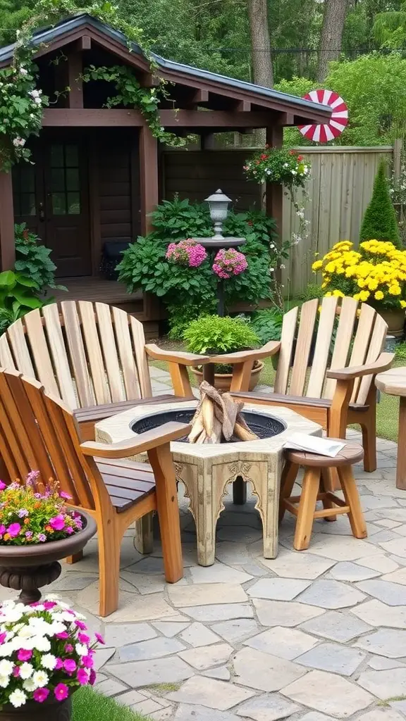 19 Stylish Outdoor Fire Pit Seating Ideas for Cozy Gatherings 6 Cozy outdoor seating area with vintage wooden benches around a fire pit, surrounded by flowers and greenery.