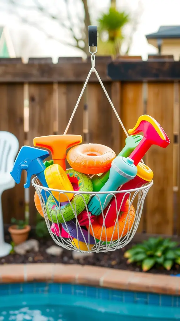15 Creative Pool Toy Storage Ideas to Keep Your Backyard Organized 4 A wire basket filled with colorful pool toys, hanging above a swimming pool