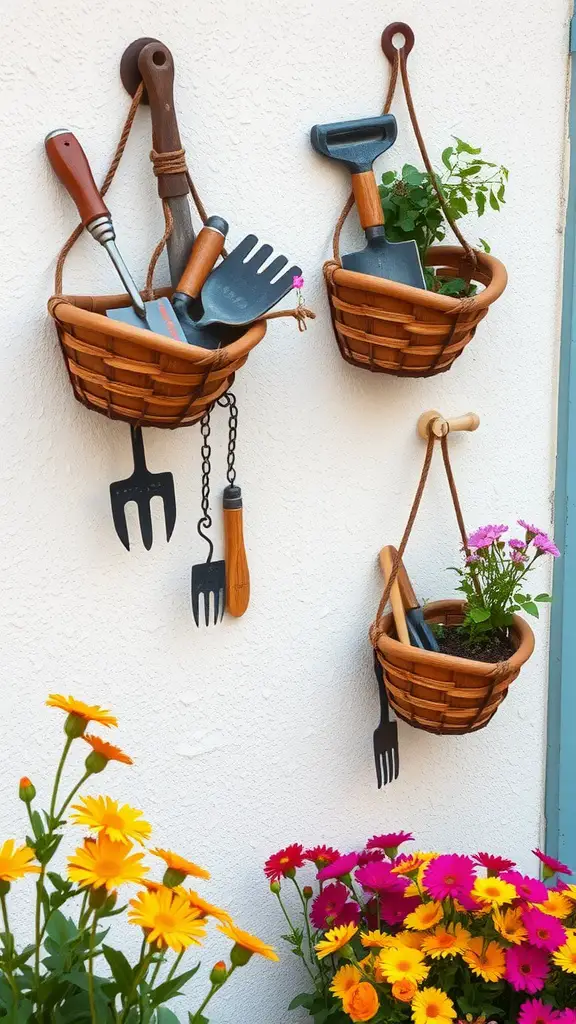 Wall-mounted baskets holding small garden tools and plants, with colorful flowers in the foreground.