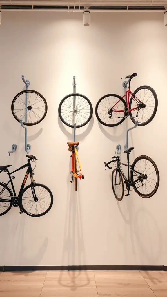 21 Creative Bike Storage Ideas for Small Spaces 12 Image showing various bikes mounted on blue wall hangers.