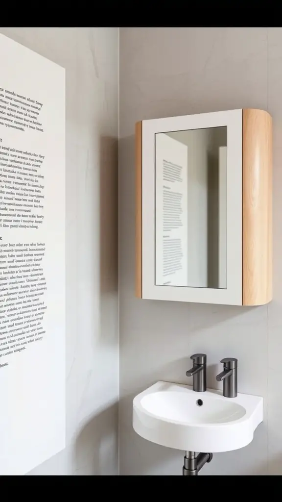 A small wall-mounted cabinet with a mirror in a bathroom, featuring a sleek design.