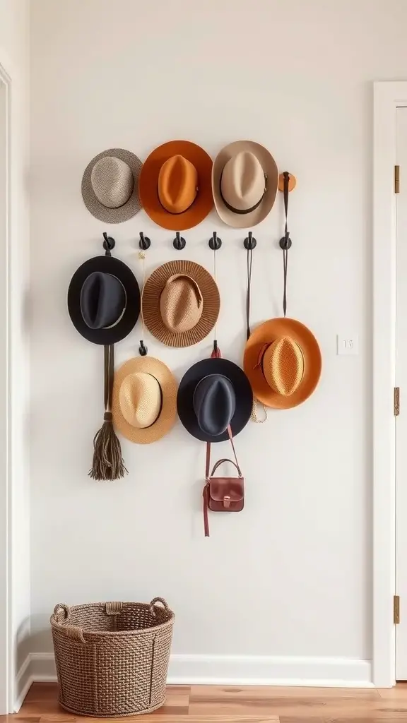 19 Creative Hat Storage Ideas for Every Space 9 A wall-mounted hat rack displaying a variety of hats and a small bag underneath.