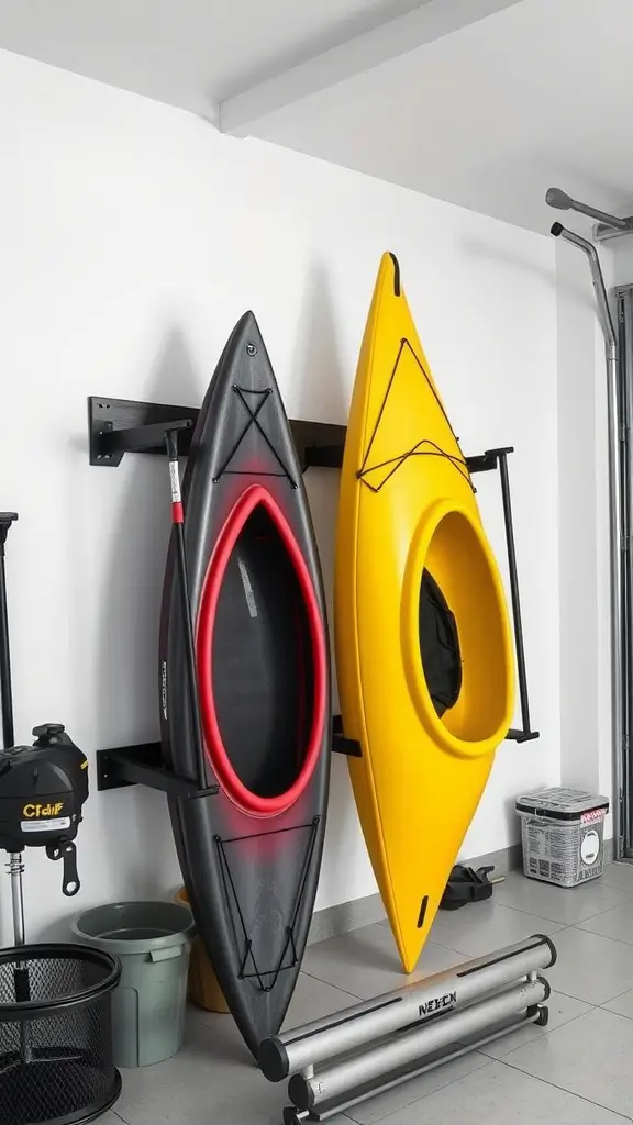 25 Creative Kayak Storage Ideas for Small Spaces 8 Two kayaks mounted on a wall rack, one black with red trim and one yellow.
