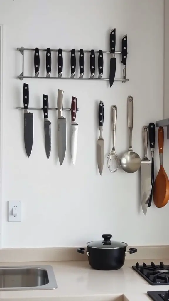Wall-mounted knives and kitchen tools displayed in a small kitchen