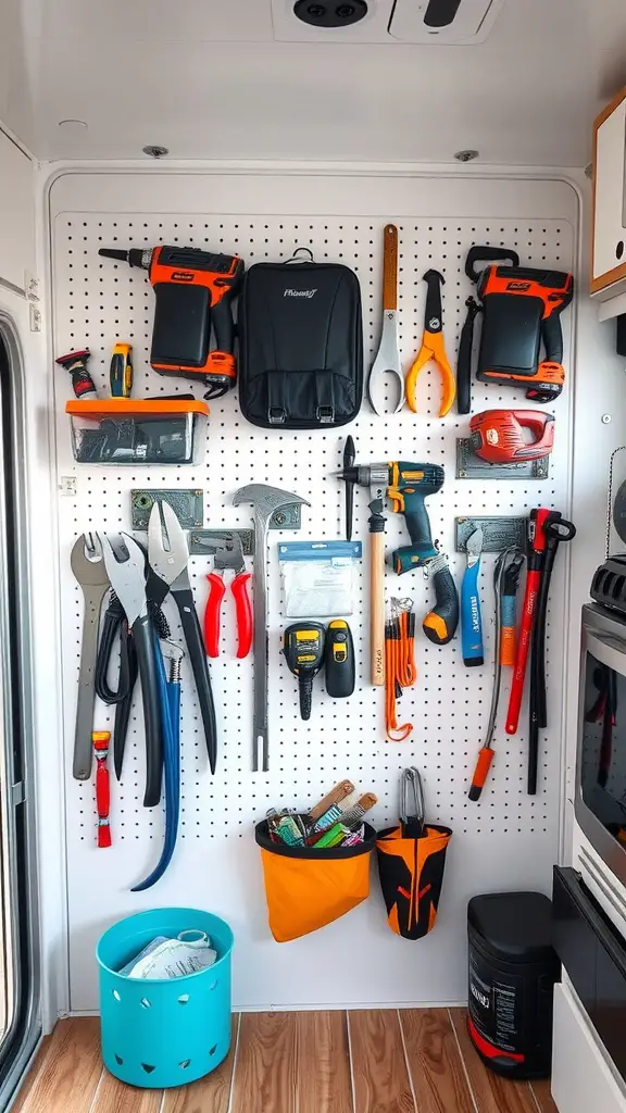 Wall-mounted organizers with tools and storage solutions in an RV interior