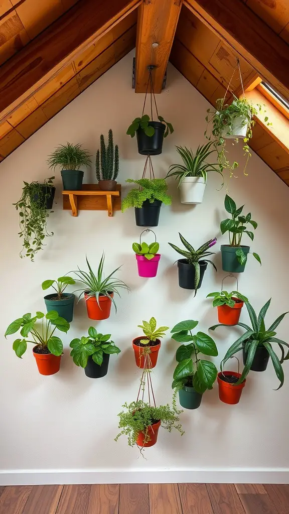 Colorful wall-mounted plant holders featuring various plants in an attic space