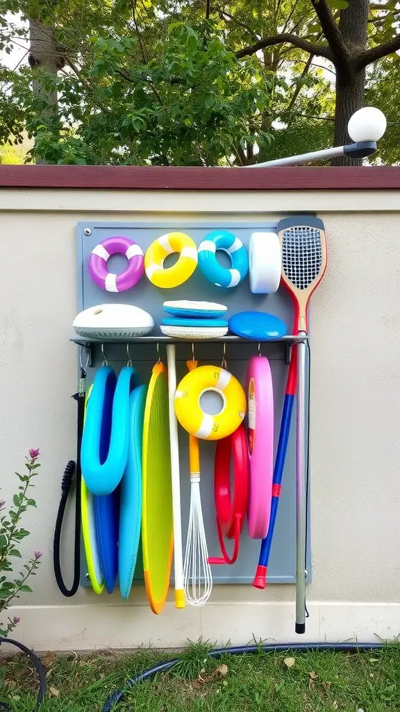 21 Creative Pool Storage Ideas You Need This Summer 6 Colorful wall-mounted rack with pool accessories including floats and a racquet.