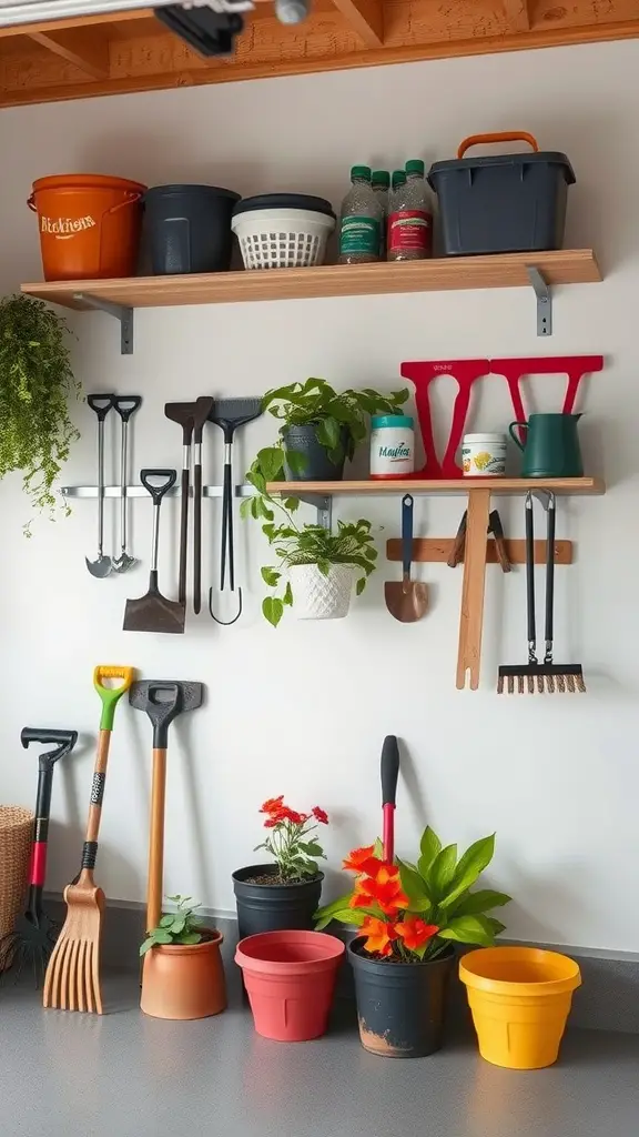 Neatly organized wall-mounted shelves in a garage with gardening tools and plants